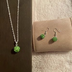 Necklace and pierced earring set of green crystal balls NIB.